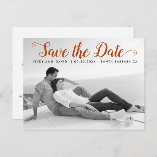 モダンな錆びたスクリプトの結婚式 Save the Date の写真 ポストカード (正面/裏面)