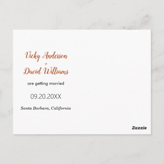 モダンな錆びたスクリプトの結婚式 Save the Date の写真 ポストカード (裏面)