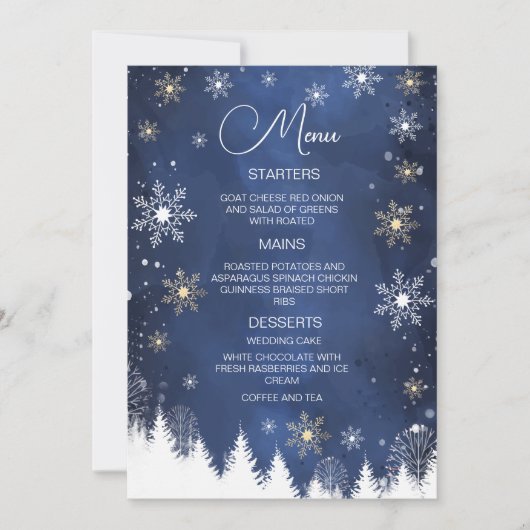モダンな雪の結晶の冬のネイビーとゴールドのウェディング 招待状 (正面)