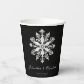 モダンな雪の結晶の結婚式 ブラック 紙コップ (裏面)