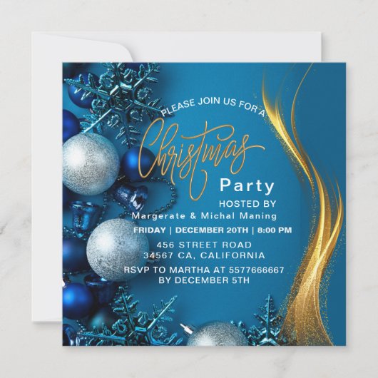 モダンな雪の結晶松ネイビー冬のクリスマスパーティー 招待状 (正面)