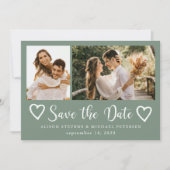 モダンな雰囲気のサージグリーンの結婚式 2枚の写真入り セーブザデート (正面)