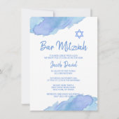 モダンな青い水彩画のダビデの星 BAR MITZVAH 招待状 (正面)