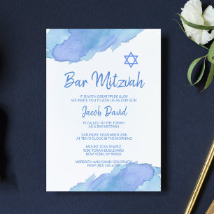 モダンな青い水彩画のダビデの星 BAR MITZVAH 招待状