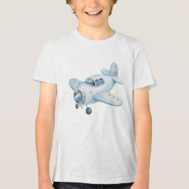 モダンな青い水彩画の飛行機プロペラ機 トライブレンドＴシャツ