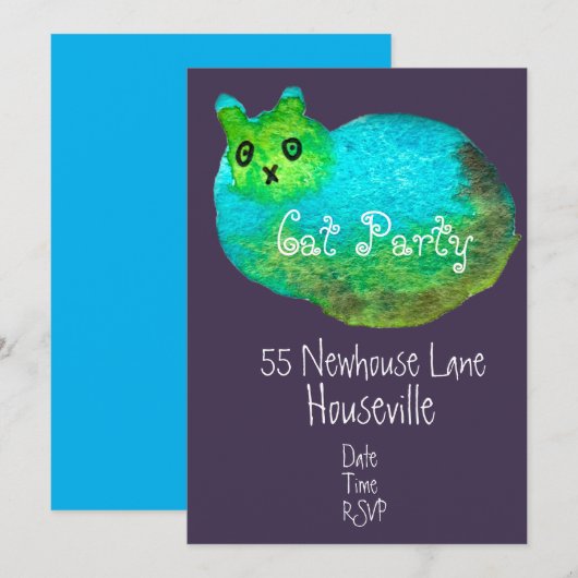 モダンな青い猫のアート猫の食事パーティー 招待状 (正面/裏面)