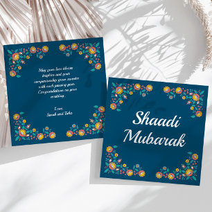 モダンな青い花柄のShaadi+Mubarakカード