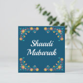 モダンな青い花柄のShaadi+Mubarakカード (スタンド正面)