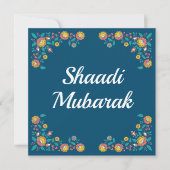 モダンな青い花柄のShaadi+Mubarakカード (正面)