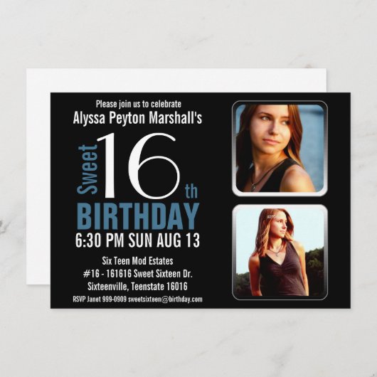 モダンな青い2写真の菓子16のパーティーを黒くし、 招待状 (正面/裏面)