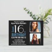 モダンな青い2写真の菓子16のパーティーを黒くし、 招待状 (スタンド正面)