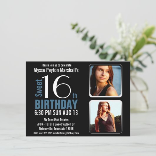 モダンな青い2写真の菓子16のパーティーを黒くし、 招待状 (スタンド正面)