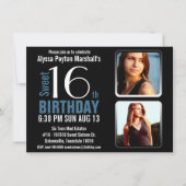 モダンな青い2写真の菓子16のパーティーを黒くし、 招待状 (正面)