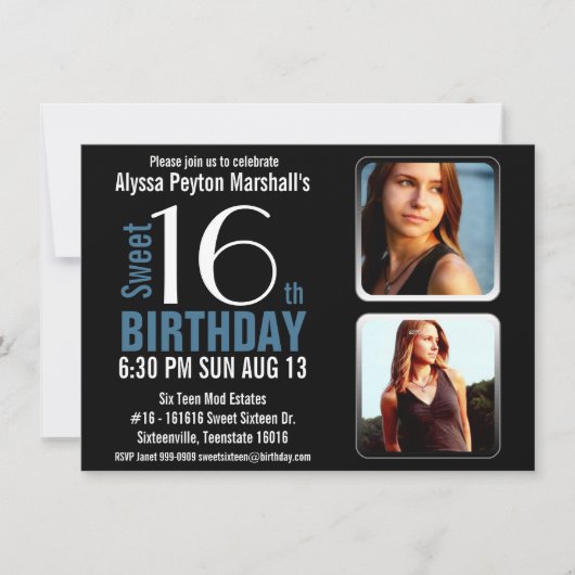 モダンな青い2写真の菓子16のパーティーを黒くし、 招待状 (正面)