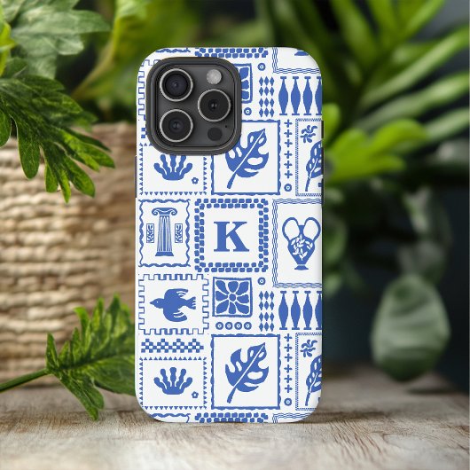 モダンな青と白の抽象的モノグラム パターン Case-Mate iPhoneケース