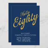 モダンな青と金の80歳の誕生日 招待状 (正面/裏面)