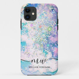モダンな青紫グリッターのシックなモノグラム iPhone 11 ケース
