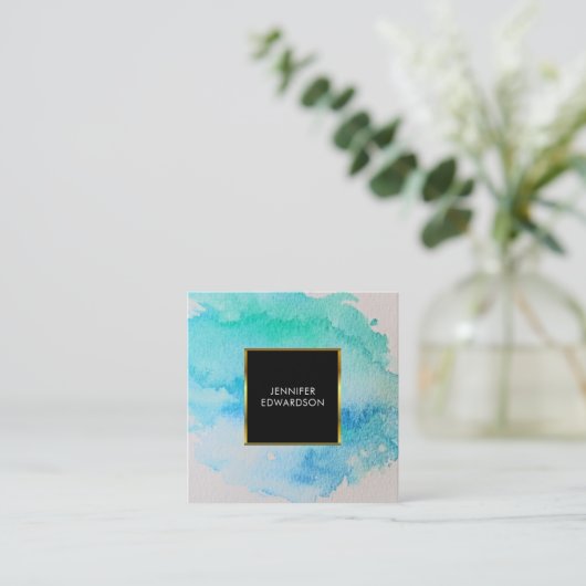モダンな青緑のティール（緑がかった色）の水彩画の（ばちゃばちゃ）跳ねるのしぶき スクエア名刺 (スタンド正面)