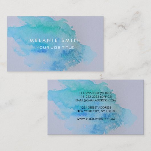 モダンな青緑のティール（緑がかった色）の水彩画の（ばちゃばちゃ）跳ねるの青 名刺 (正面/裏面)