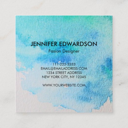 モダンな青緑のティール（緑がかった色）の水彩画の（ばちゃばちゃ）跳ねる スクエア名刺 (裏面)