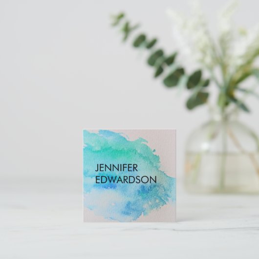 モダンな青緑のティール（緑がかった色）の水彩画の（ばちゃばちゃ）跳ねる スクエア名刺 (スタンド正面)