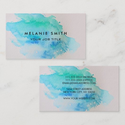 モダンな青緑のティール（緑がかった色）の水彩画の（ばちゃばちゃ）跳ねる 名刺 (正面/裏面)