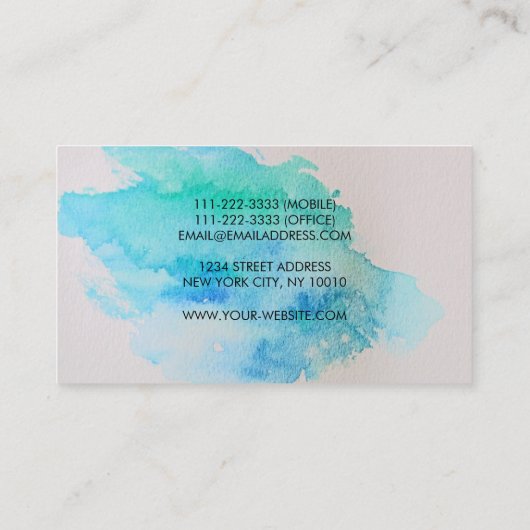 モダンな青緑のティール（緑がかった色）の水彩画の（ばちゃばちゃ）跳ねる 名刺 (裏面)