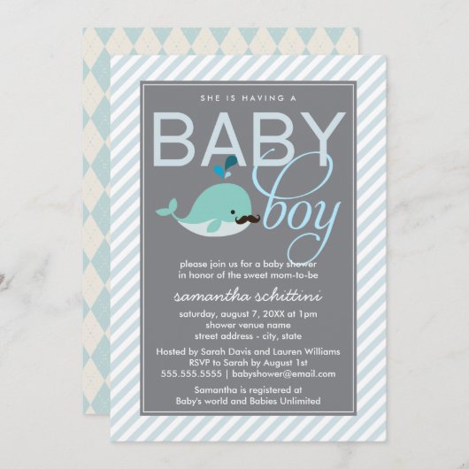 モダンな青色児のシャワーの男の子の小さいクジラの髭 招待状 (正面/裏面)