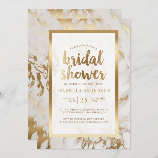 モダンな青銅色ホイル及び大理石のブライダルシャワー 招待状 (正面/裏面)