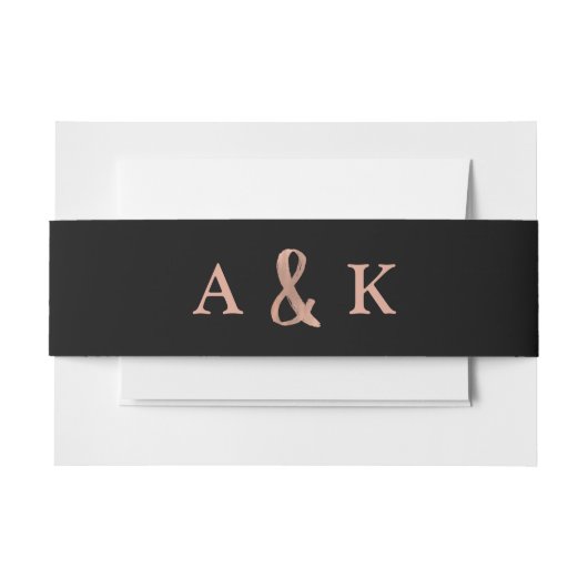 モダンな願い|のばら色の金ゴールドおよび黒いモノグラムの結婚式 招待状ベリーバンド (正面例)