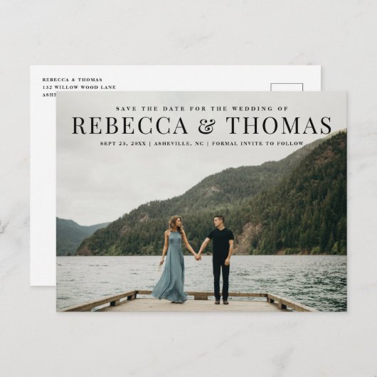 モダンな風景写真の結婚式のSave the Date 案内ポストカード (正面/裏面)