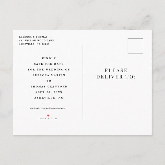 モダンな風景写真の結婚式のSave the Date 案内ポストカード (裏面)