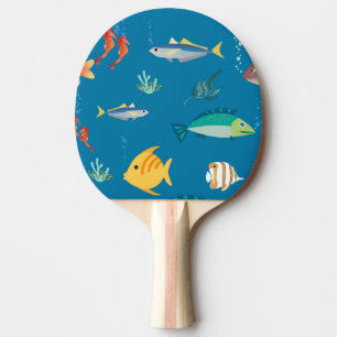 モダンな魚とタツノオトシゴのイラストパターンブルー 卓球ラケット