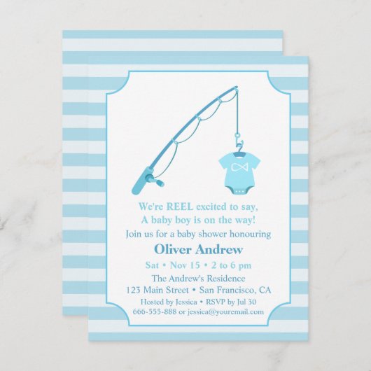 モダンな魚釣りのテーマのベビーシャワー招待状 招待状 (正面/裏面)