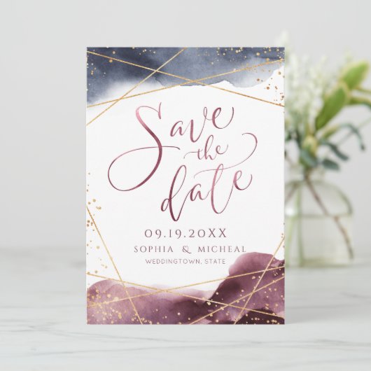 モダンな黄昏の水彩幾何学的なカリグラフィー セーブザデート (スタンド正面)