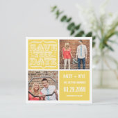 モダンな黄色と白の「Save the Date」写真カード 招待状 (スタンド正面)