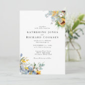 モダンな黄色と青の花柄の両親なしウェディング 招待状 (スタンド正面)