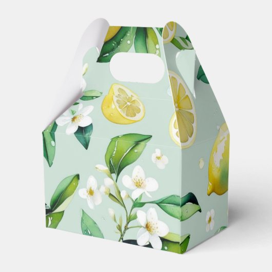 モダンな黄色のレモンと花のスクリプトを使用したブライズシャワー フェイバーボックス (裏面サイド)