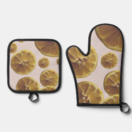 モダンな黄色のレモンの新鮮なフルーツサークルスライスのドット 鍋つかみ&鍋敷きセット