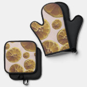 モダンな黄色のレモンの新鮮なフルーツサークルスライスのドット 鍋つかみ&鍋敷きセット (正面/裏面)