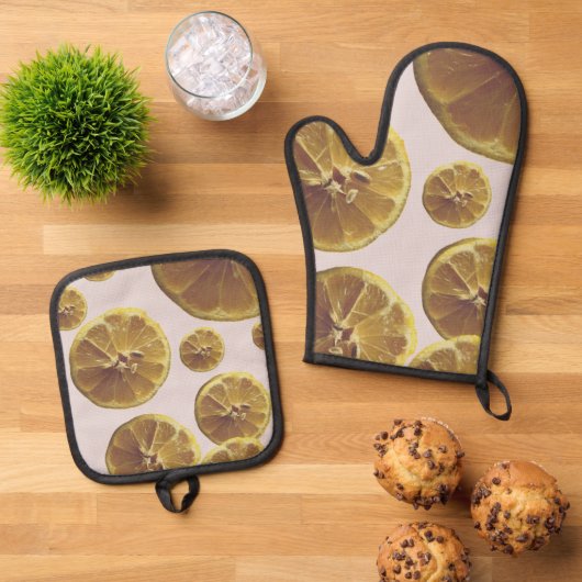 モダンな黄色のレモンの新鮮なフルーツサークルスライスのドット 鍋つかみ&鍋敷きセット (トップダウン)