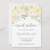 モダンな黄色のローズグリーンの花束 ゴールドのスイート16 招待状 (正面)