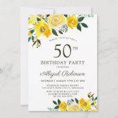 モダンな黄色の水彩ローズフラル 50歳の誕生日 招待状 (正面)