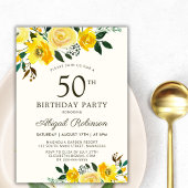 モダンな黄色の水彩画 ローズ フローラル 50歳の誕生日 招待状