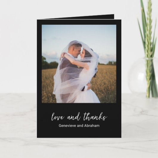 モダンな黒い写真の結婚式 サンキューカード (正面)