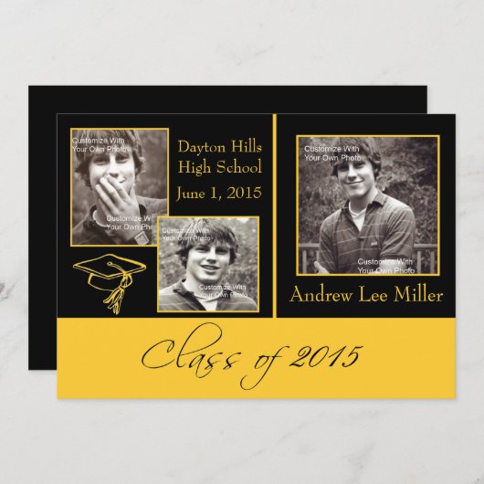 モダンな黒および金ゴールドの卒業の発表 案内状 (正面/裏面)