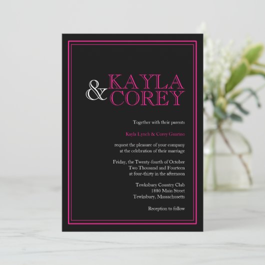 モダンな黒く、ショッキングピンクの結婚式招待状 招待状 (スタンド正面)