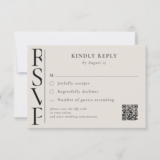 モダンな黒とアイボリーの結婚式RSVP（返信ハガキ）シンプルデザイン 出欠カード (正面)