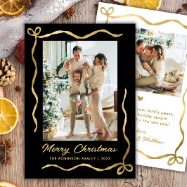 モダンな黒とゴールドのボウ2枚の写真 メリークリスマス シーズンカード
