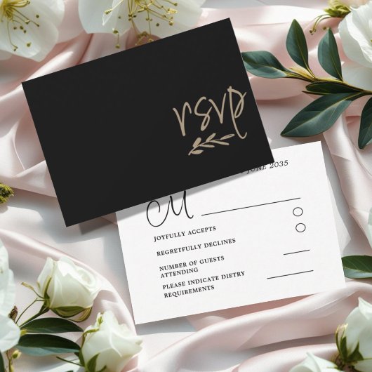 モダンな黒とゴールドの結婚式RSVP 出欠カード